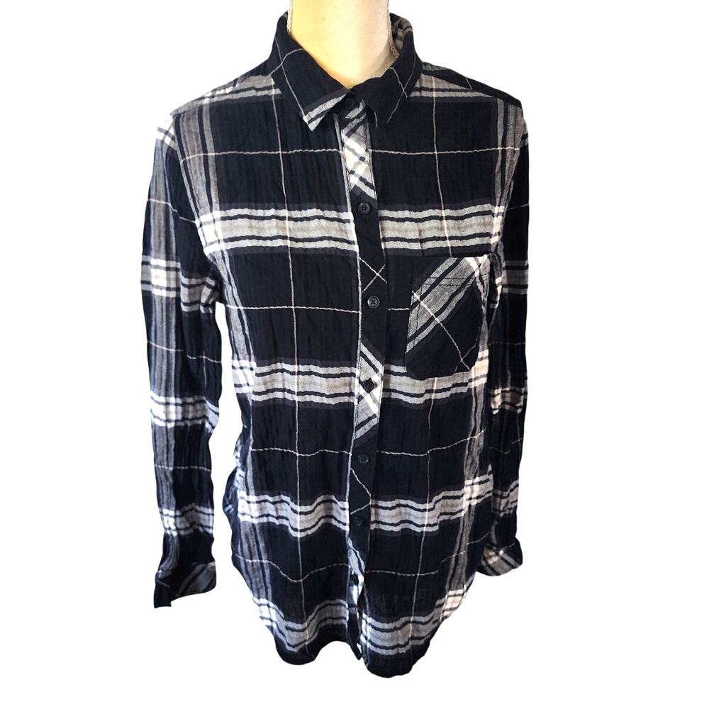 beach lunch lounge Women's Black White Plaid Long Sleeve Button Up Size Medium